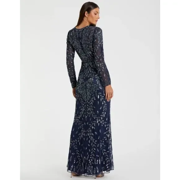 NWT Mac Duggal Illusion Beaded Embellished Long Sleeve Gown 8 Midnight Formal